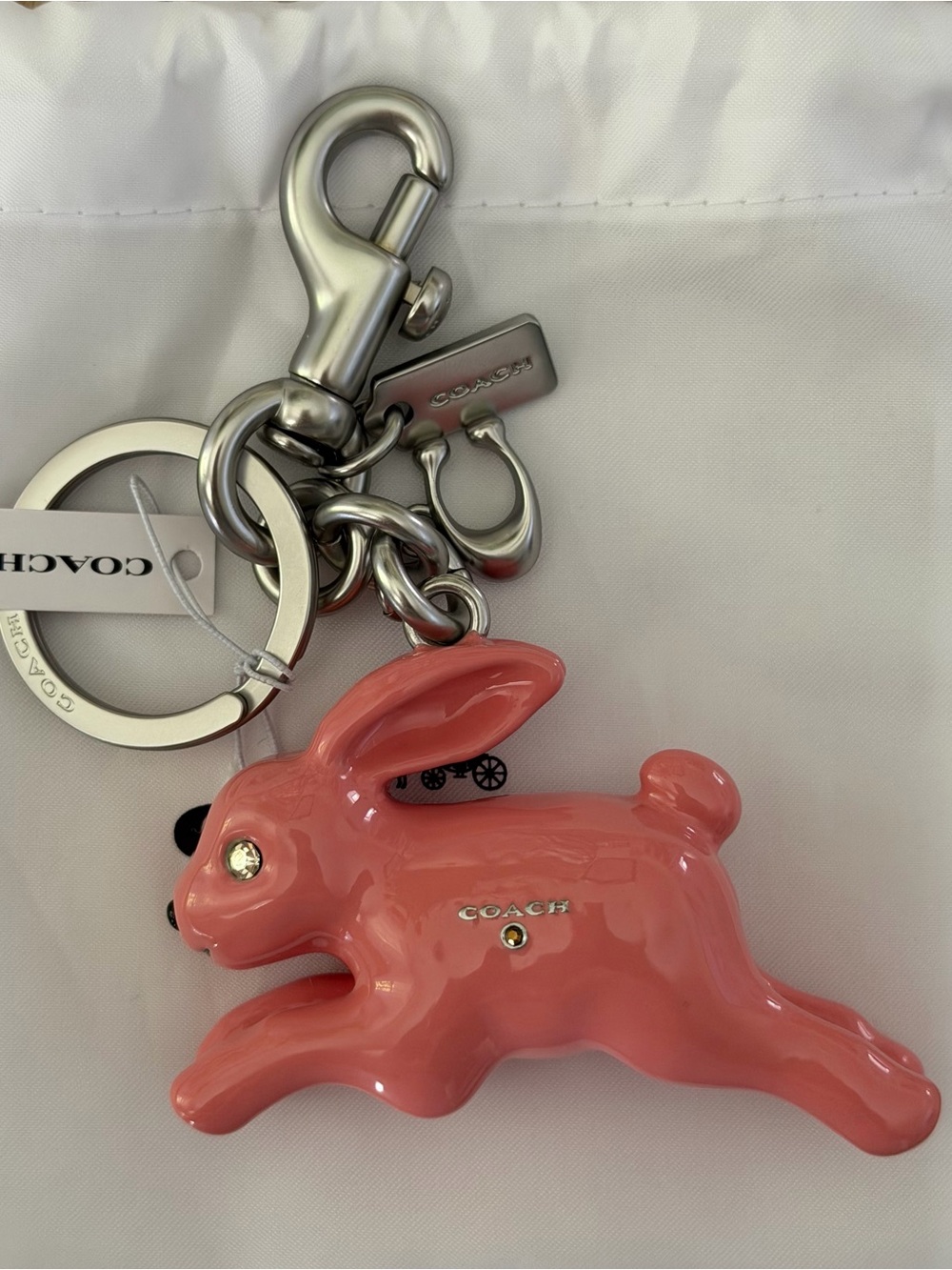 Coach Coral Pink Rabbit Key Charm with Silver Hardware w/ Dustbag